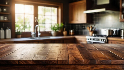 Wood table top on blur kitchen room background For montage product display or design key visual layout
