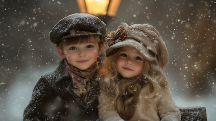 Two children dressed in Victorian winter outfits, sitting on a snowy bench under a softly lit lamppost, snowflakes falling gently around them, capturing a warm, nostalgic winter night
