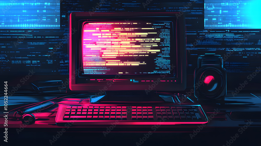 Poster a computer monitor with a keyboard and a camera on a desk