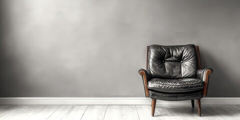 Vintage leather armchair in minimalist interior against gray wall