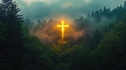 Fototapeta premium A glowing cross rising over a dense forest at sunrise, symbolizing faith shining through the natural world.