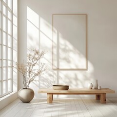 A minimalist interior highlighting wooden decor, soft lighting, and a large window, creating a harmonious and peaceful setting.