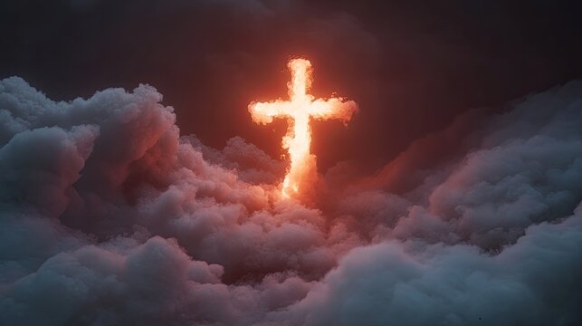 A glowing cross hovering in a digital cloudscape, symbolizing spiritual presence in the virtual world.