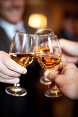 Toasting Success: Friends raise their glasses in a celebratory toast, amber liquid gleaming in the warm light of a sophisticated gathering.  A moment of camaraderie and shared joy. 