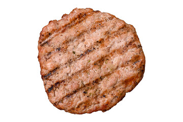 Juicy grilled beef or pork steak with salt, spices and herbs