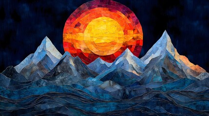 Obraz premium Snowy mountains under a winter sunset, designed in tranquil watercolor and papercut for January background