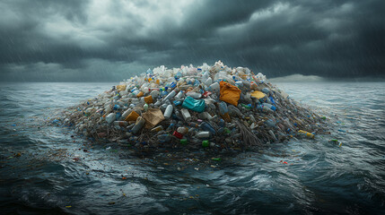 Large amount of plastic garbage is floating in the ocean, forming an island