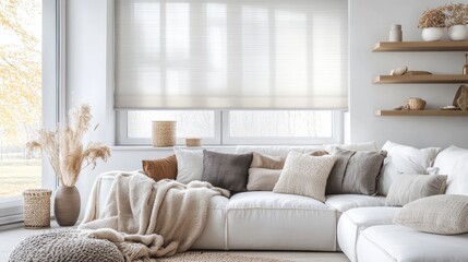 A contemporary living space features a white sofa adorned with pillows and neutral tones, with large blinds filtering light.