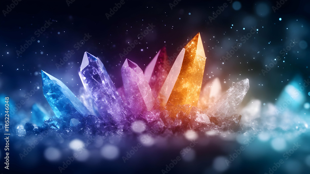 Poster Vibrant array of colorful crystals shimmering in light, creating a mystical and enchanting atmosphere.