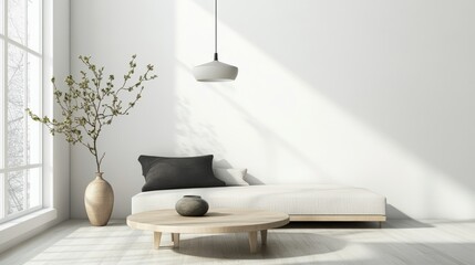 A bright and minimalist interior with large windows, simple furniture designs, and natural decor for a fresh look.