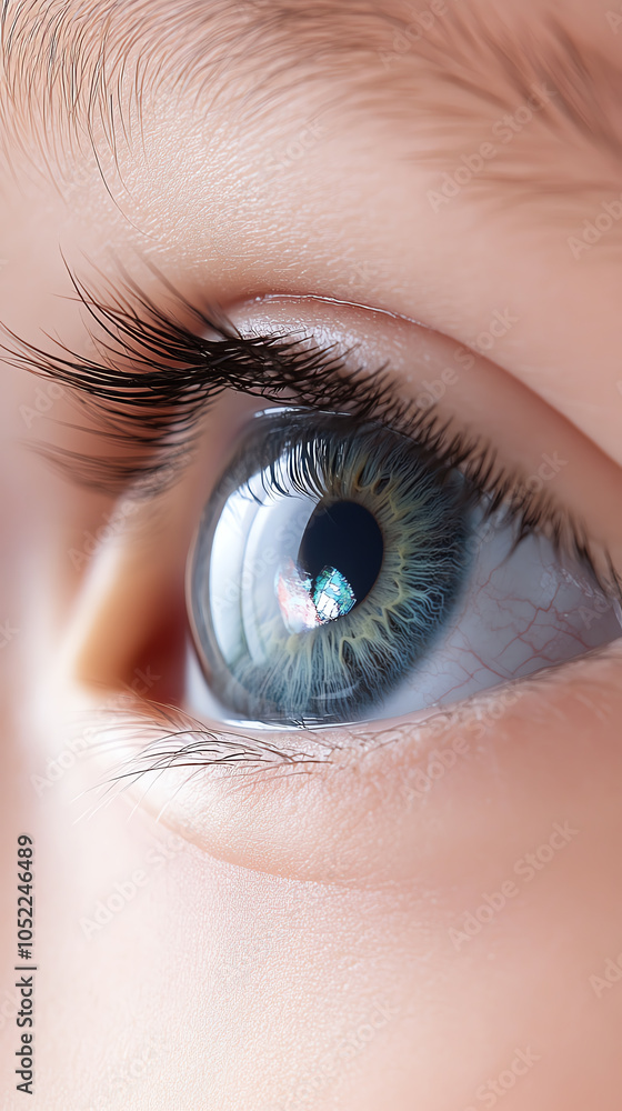 Poster a close-up view of a child's eye capturing intricate details and emotions through unique reflections