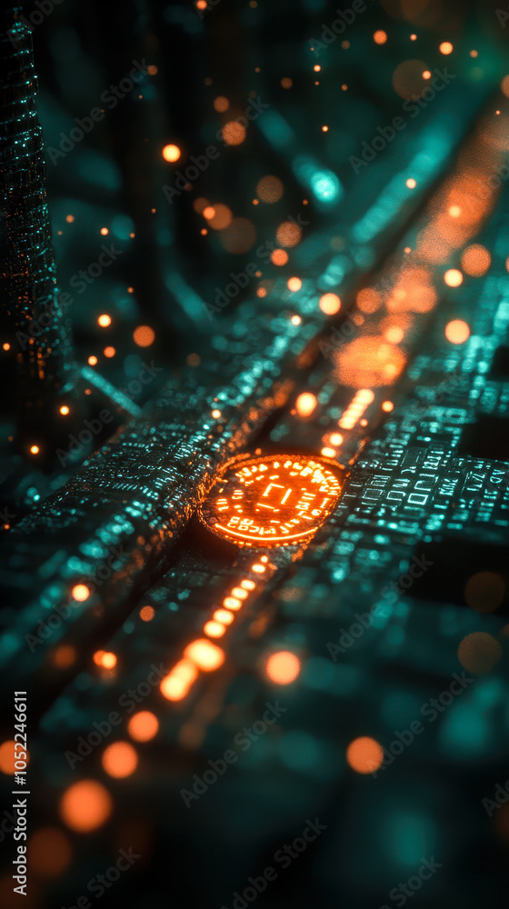 Poster central bank digital currency transformation: coins converting to code visualization