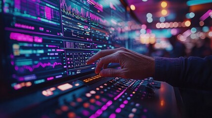 Close-up of Trader's Hand on Vibrant Digital Interface