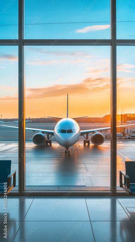 Poster modern passenger airplane is waiting at the gate in an airport at sunset, with the reflection of the