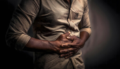 Close-up hands on stomach, pose feeling stomach ache