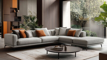 Scandinavian loft minimalist furniture, modular tufted sofa. , Modern Living Room with Sectional Sofa and Stylish Decor