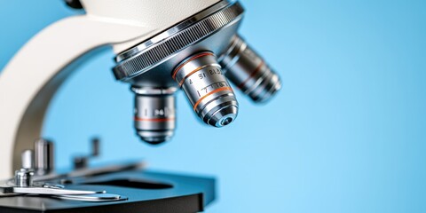 Fototapeta premium Closeup of Microscope Lens on Blue Background Scientific Research Biology Lab Equipment