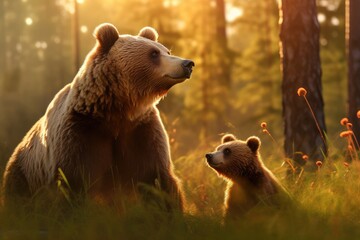  Mother bear and cub in sunlit forest background. Wildlife photography in natural habitat. Nature and exploration concept