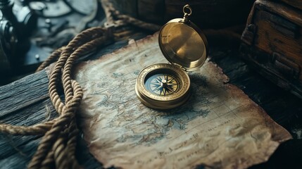 Compass, rope on the treasure map on the table. The concept of sea adventures