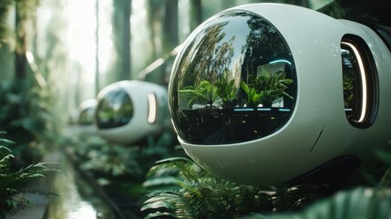 Spherical white pods transport passengers through a lush forest, uniting technology with nature by reflecting rich greenery and serene forest landscapes.