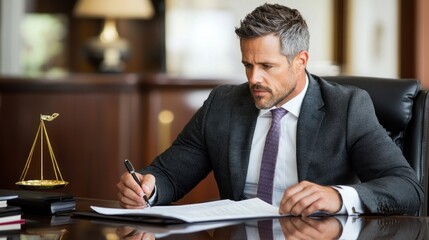 Corporate Lawyer Reviewing Legal Documents in Office