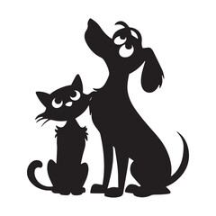 A silhouette of a cat & dog On white background. A lovely cat & dog or looking up to together in the sky. A silhouette art in cartoon style.