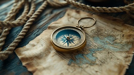Compass, rope on the treasure map on the table. The concept of sea adventures