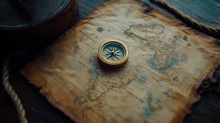 Fototapete Compass, rope on the treasure map on the table. The concept of sea adventures © nikola-master