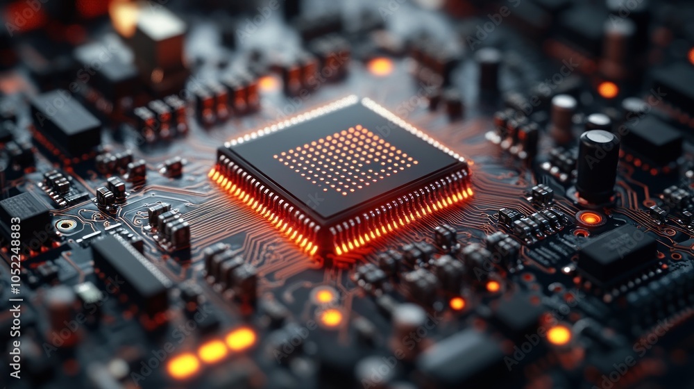 Poster close-up of a microprocessor on a circuit board with glowing elements.