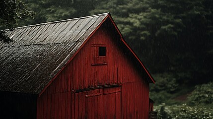 Close-Up of a Red Barn Roof in the Rain