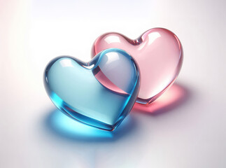 Two transparent hearts, one blue and one pink, glow with soft reflections