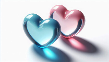 Two transparent hearts, one blue and one pink, glow with soft reflections