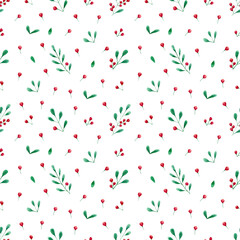 Christmas holly berry background. Seamless watercolor pattern with holly berries branches and leaves illustration. Digital paper for wrapping, textile, holidays fabric