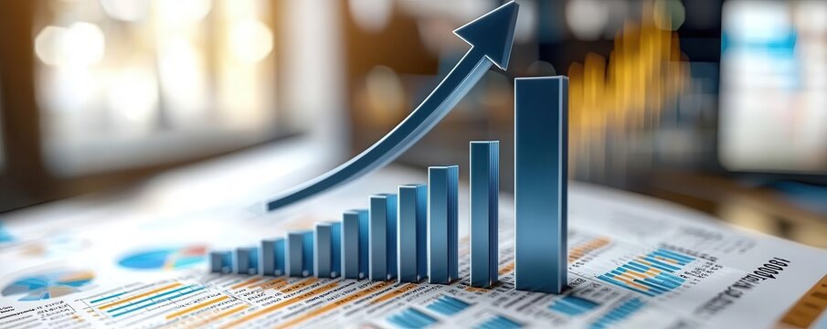 Financial planner logo, bar chart with upward arrow, 3D illustration