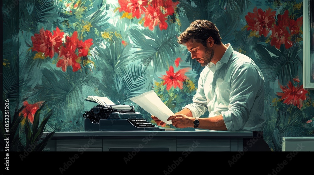 Poster a man is sitting at a desk with a typewriter in front of him. generative ai