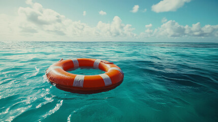Obraz premium Floating lifebuoy on ocean surface 
