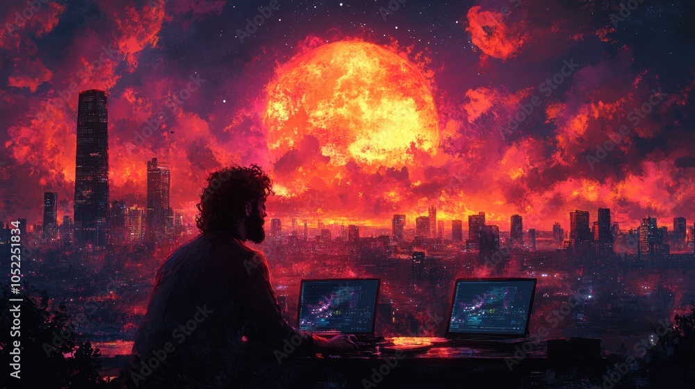 Poster a man is sitting at a desk with two laptops in front of him. generative ai