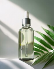 Naklejka premium A skincare product photo featuring a serum bottle on a white surface, with soft spa concept