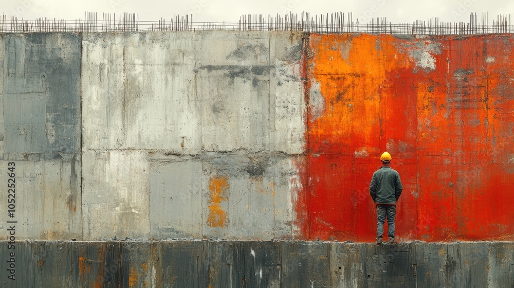 Poster a man in a hard hat stands in front of a wall with a red and white stripe. generative ai