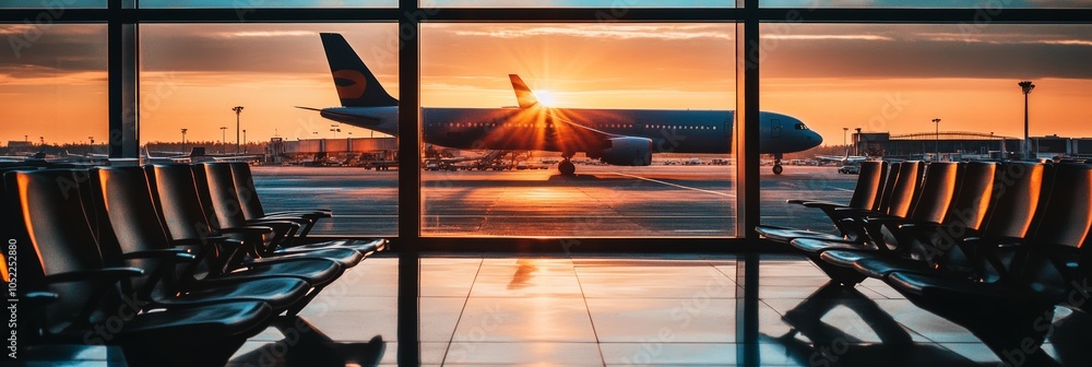 Poster Empty departure lounge of an airport with an airplane standing on the runway outside with the sun setting in the background