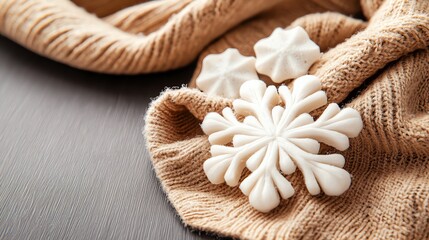 Naklejka premium Closeup of snowflakes falling on a warm woolen scarf, cozy winter moment