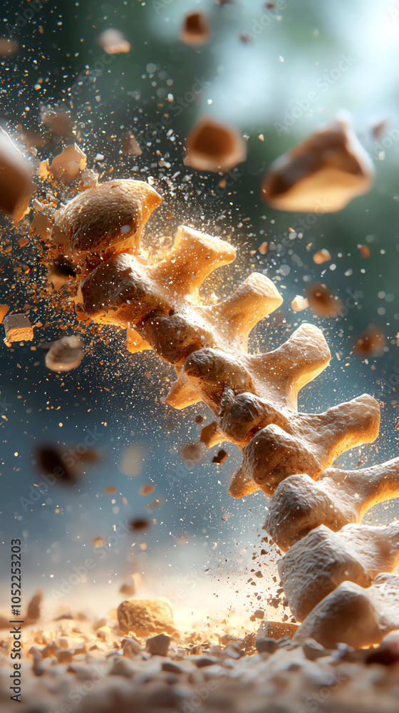 Poster exploring the fragility and strength of the human spine a visual representation of bone and motion