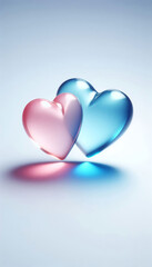 Two transparent hearts, one blue and one pink, glow with soft reflections