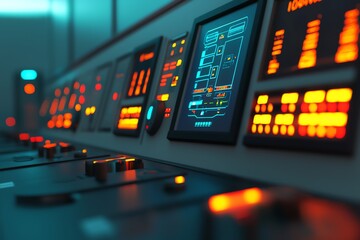 Control room with monitors displaying fuel processing data, modern technology