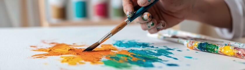A close-up of a hand holding a paintbrush, creating colorful splashes on canvas, showcasing an artistic process in a vibrant art studio.