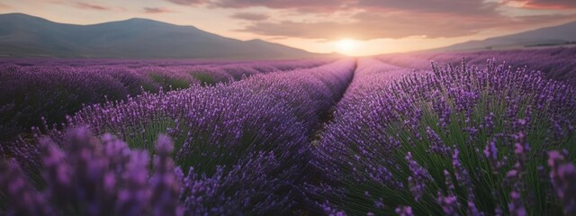 Obraz premium Lavender Serenity, vibrant lavender blossoms blanket the rolling hills, creating a tranquil and aromatic landscape under the clear blue sky