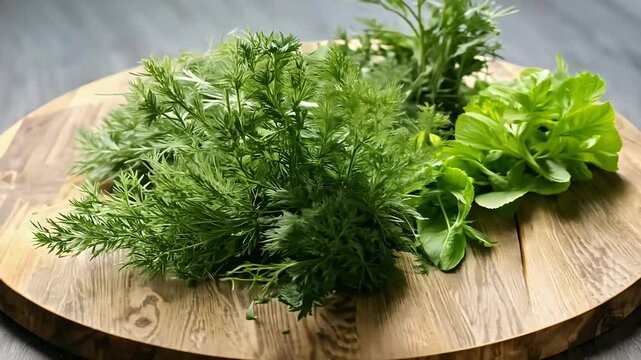 A closeup video capturing rotating movement fresh dill parsley baby spinach leaves wooden board beautifully these raw rbs spices vital vegan fitness ingredients 4K vegetarian meal spice rb