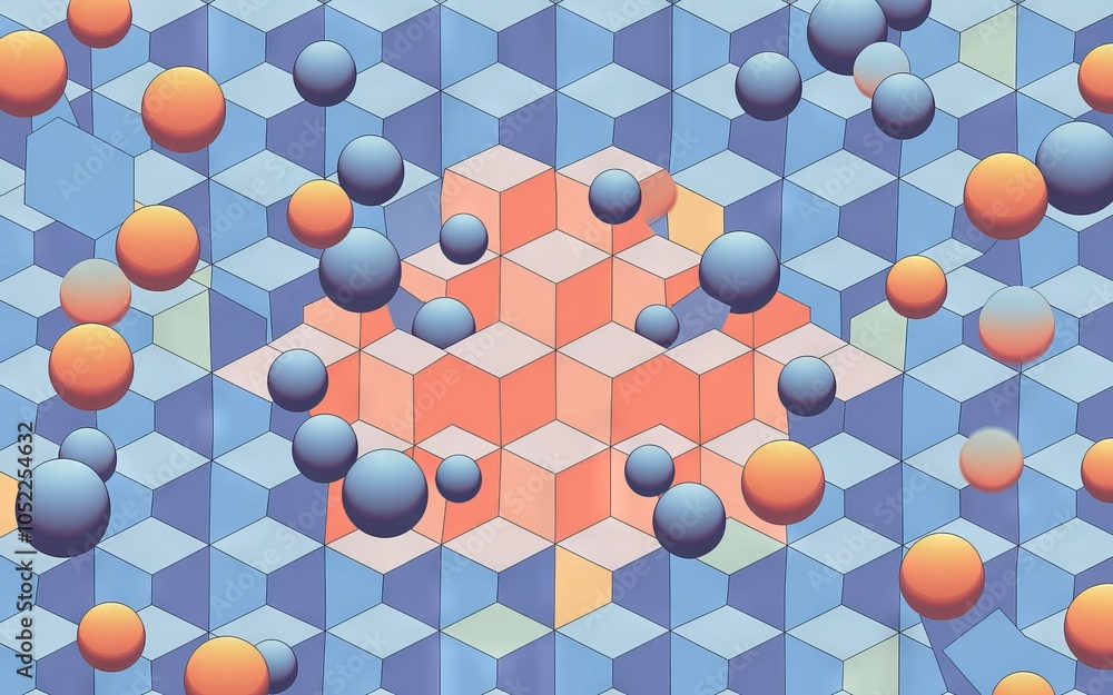 Poster abstract geometric pattern. spheres flow across pastel cubes; a vibrant, dynamic design symbolizing 