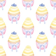 Cute sweet cupcake Watercolor seamless pattern with fruits and berries, decorated with flowers and a bow. Sweet  pattern for fabric, packaging paper, scrapbooking.