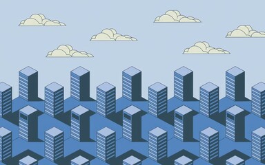 Obraz premium Cityscape skyline illustration. Modern city illustration, depicting urban growth and a sense of calm under a tranquil sky. Represents progress and serenity.